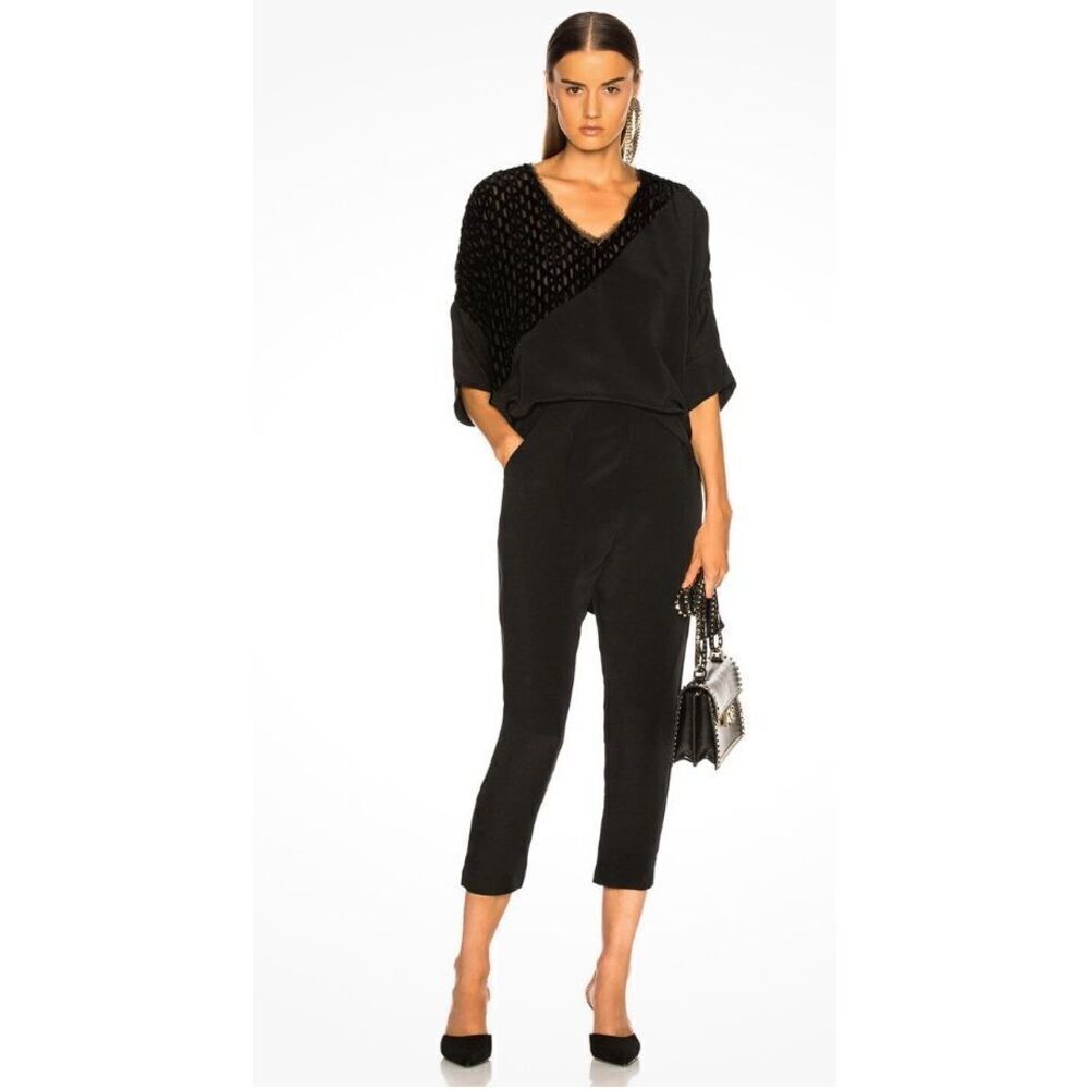 RACHEL COMEY Black Metallic Velvet Burnout Stripe Draped Crop Jumpsuit NWT Size